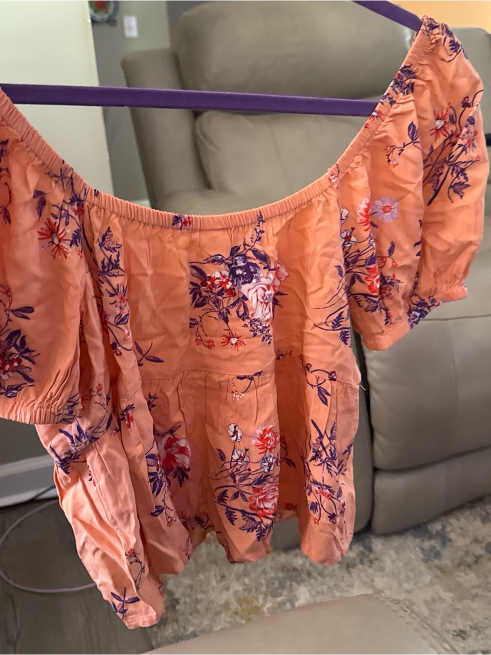 Abound Peach Floral Off-Shoulder puff sleeve with Purple Print